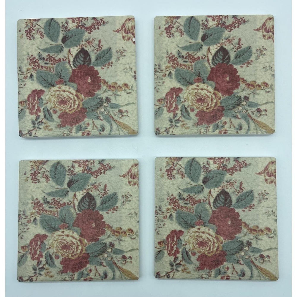 Rose Square Ceramic Cork Set Of 4 Floral Tile Coasters Cottage Bee And Willow